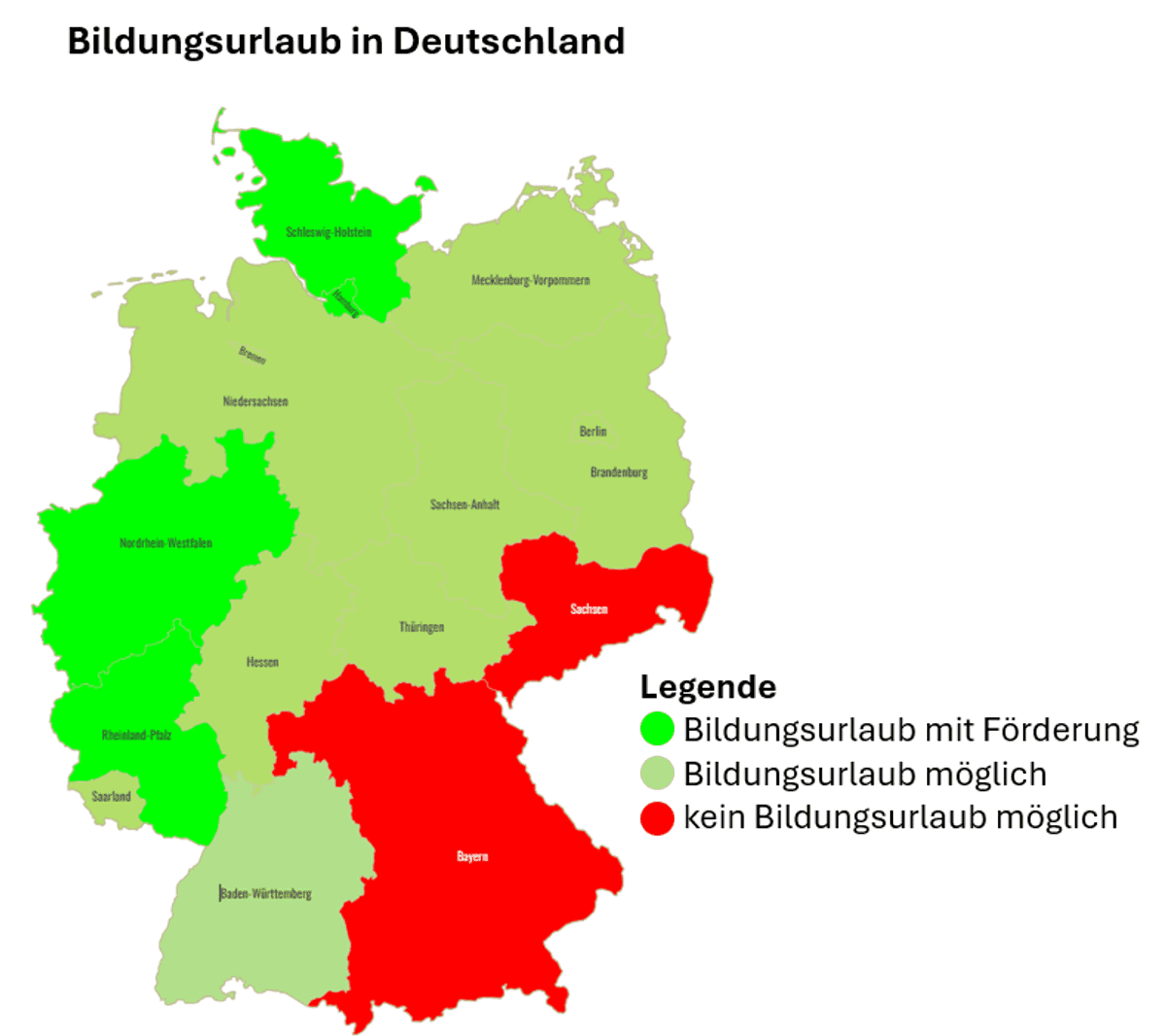 Karte von Deutschland mit den Bundesländern, die Bildungsurlaub mit zusätzlicher Förderung, ohne Förderung oder gar nicht anbieten