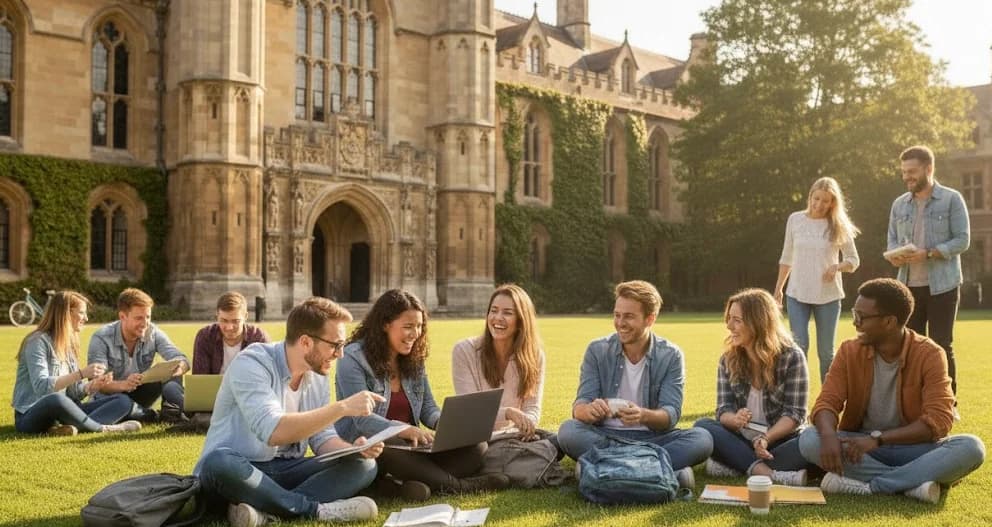 Lernende sitzen in einer Gruppe mit Laptops und Notizbüchern auf einer Wiese vor einem Universitätsgebäude